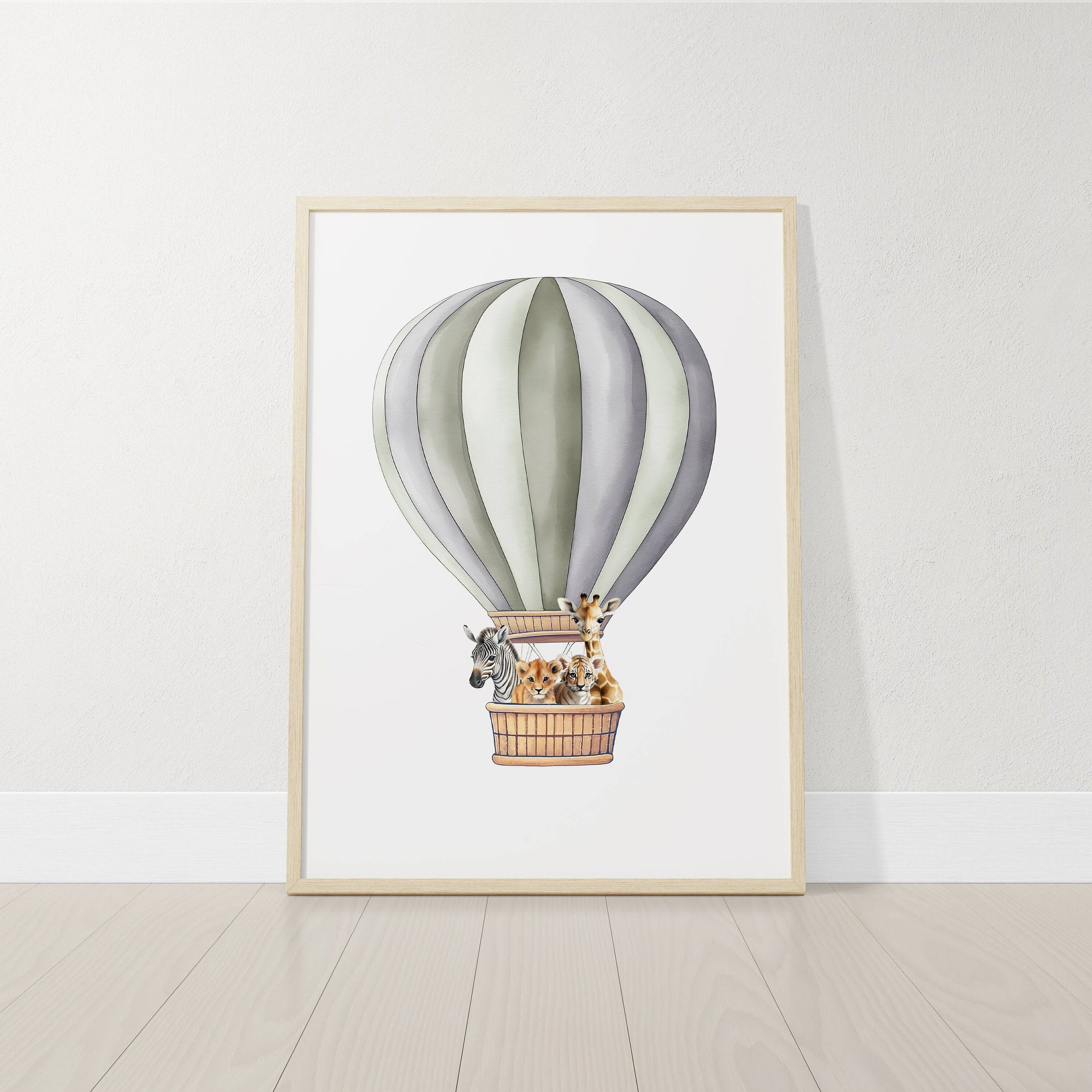 Dream Big Safari Animals, Rainbow and Hot Air Balloon | Green | Set of 3 Nursery Prints - RoseRowanDesign