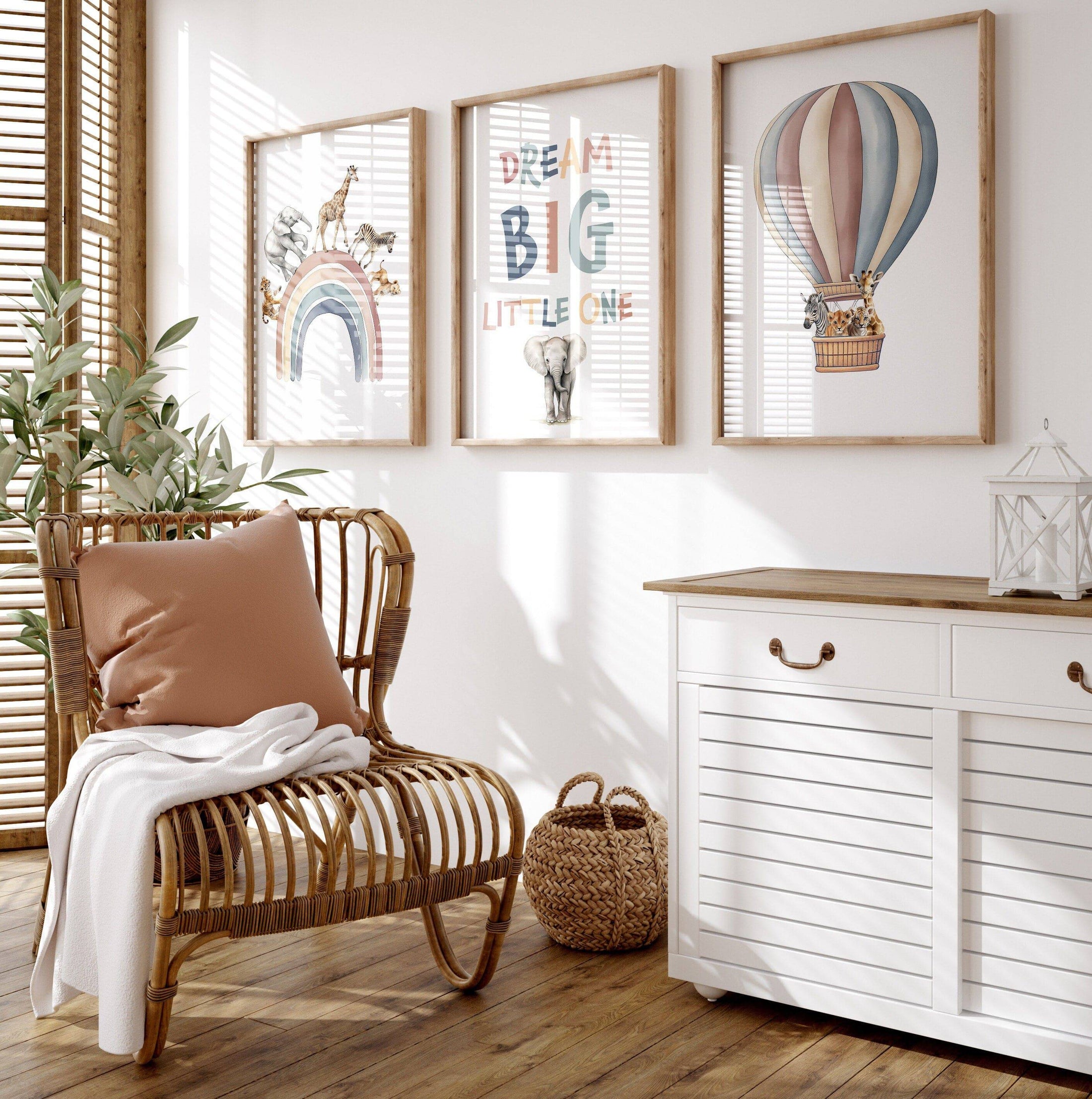 Dream Big Safari Animals, Rainbow and Hot Air Balloon | Neutral | Set of 3 Nursery Prints - RoseRowanDesign