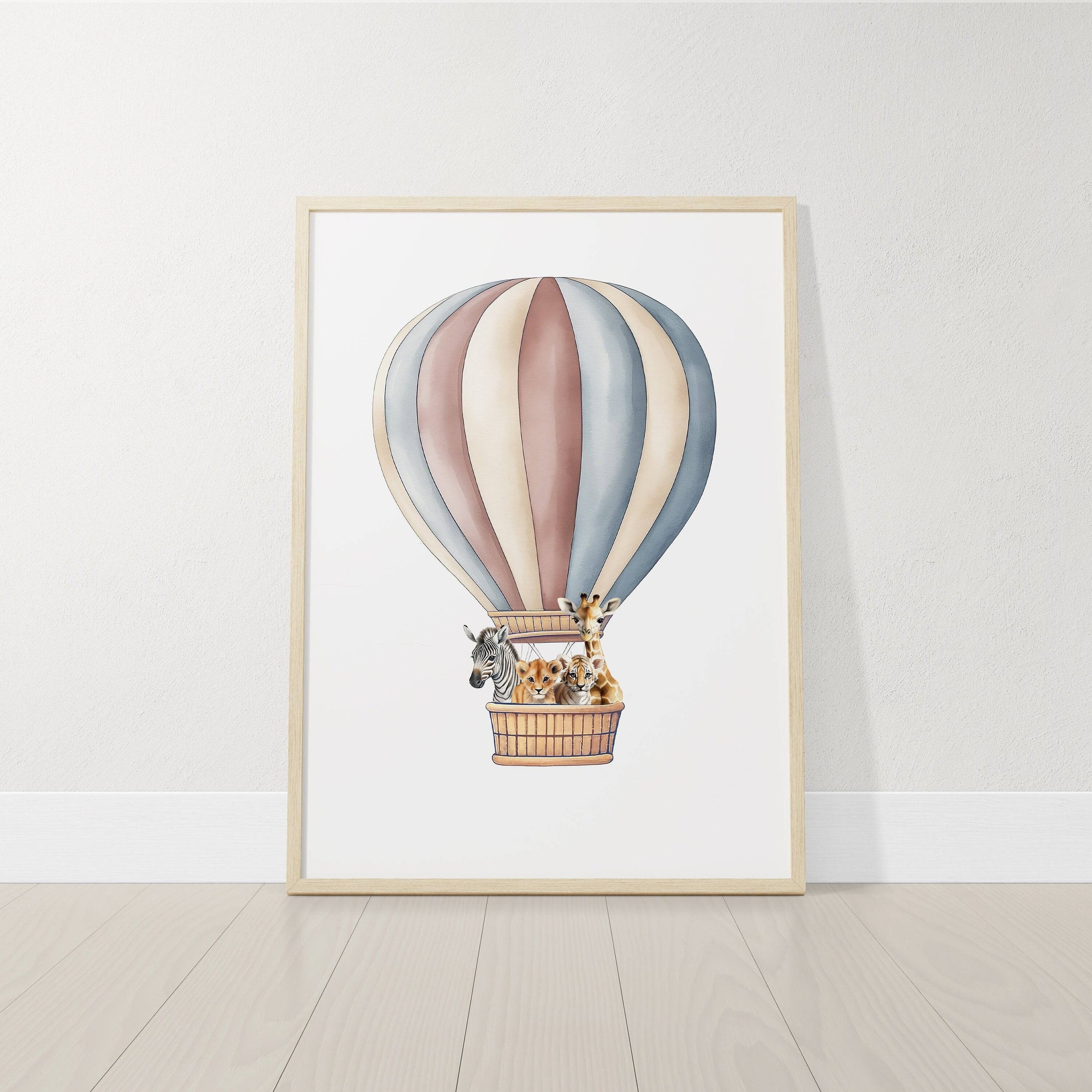 Dream Big Safari Animals, Rainbow and Hot Air Balloon | Neutral | Set of 3 Nursery Prints - RoseRowanDesign