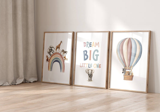 Dream Big Safari Animals, Rainbow and Hot Air Balloon | Neutral | Set of 3 Nursery Prints - RoseRowanDesign