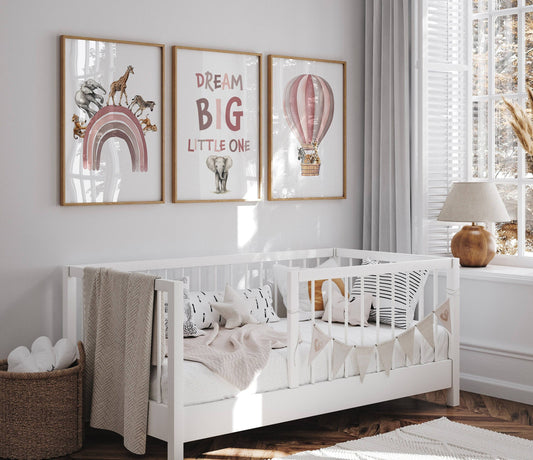 Dream Big Safari Animals, Rainbow and Hot Air Balloon | Pink | Set of 3 Nursery Prints - RoseRowanDesign