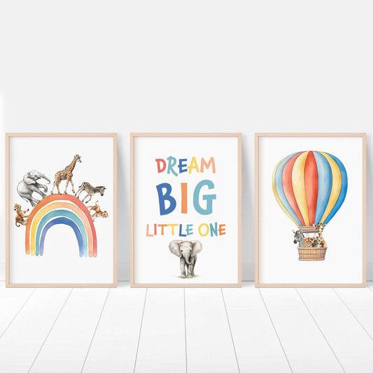 Dream Big Safari Animals, Rainbow and Hot Air Balloon | Rainbow | Set of 3 Nursery Prints - RoseRowanDesign