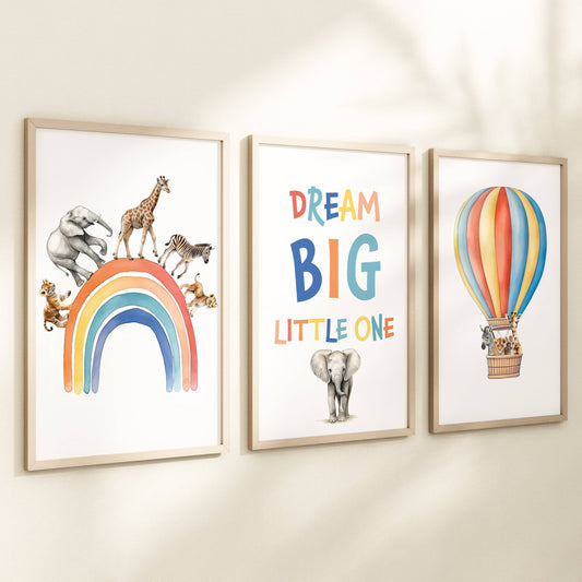 Dream Big Safari Animals, Rainbow and Hot Air Balloon | Rainbow | Set of 3 Nursery Prints - RoseRowanDesign
