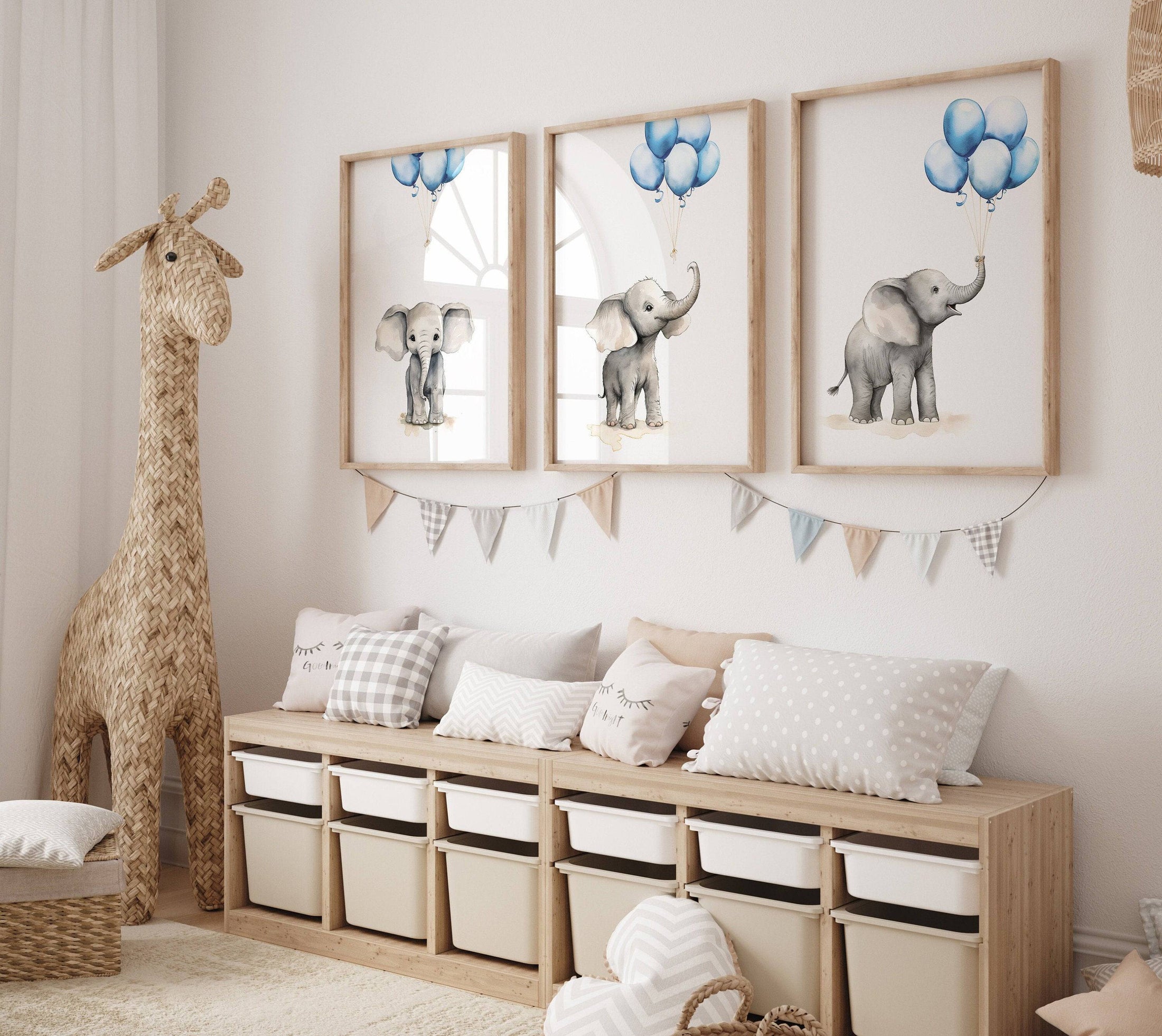 Elephant Nursery Prints | Set of 3 | Blue Balloon Wall Art for Baby Boy's Bedroom - RoseRowanDesign