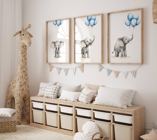 Elephant Nursery Prints | Set of 3 | Blue Balloon Wall Art for Baby Boy's Bedroom - RoseRowanDesign