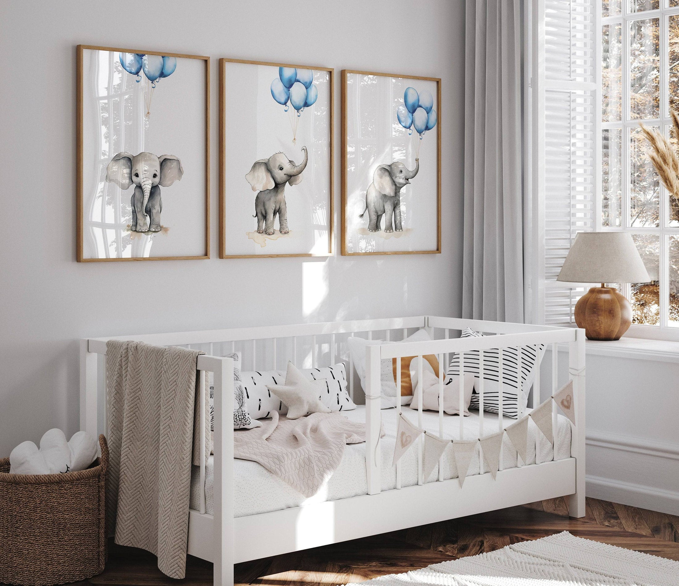 Elephant Nursery Prints | Set of 3 | Blue Balloon Wall Art for Baby Boy's Bedroom - RoseRowanDesign