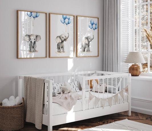 Elephant Nursery Prints | Set of 3 | Blue Balloon Wall Art for Baby Boy's Bedroom - RoseRowanDesign