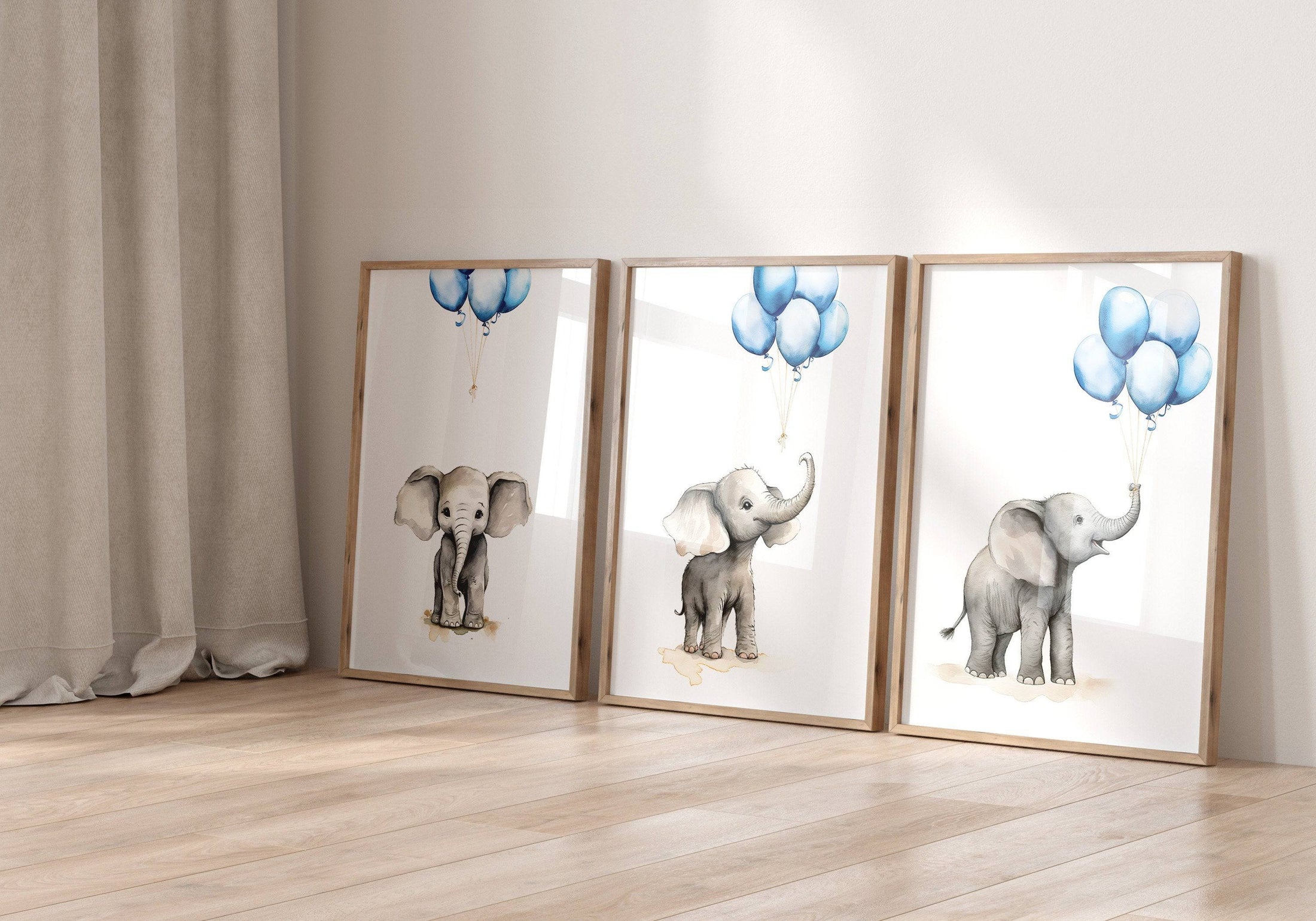 Elephant Nursery Prints | Set of 3 | Blue Balloon Wall Art for Baby Boy's Bedroom - RoseRowanDesign