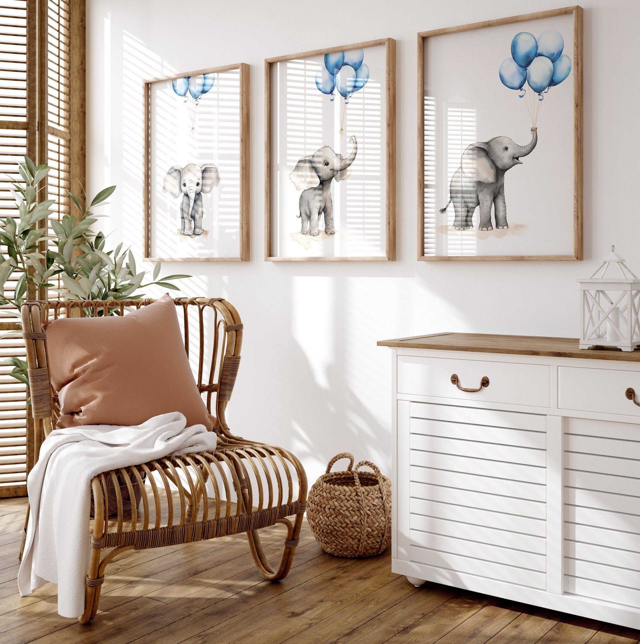 Elephant Nursery Prints | Set of 3 | Blue Balloon Wall Art for Baby Boy's Bedroom - RoseRowanDesign