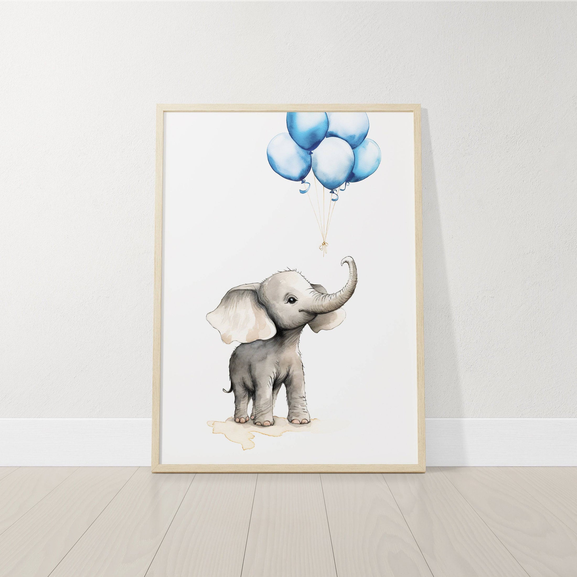 Elephant Nursery Prints | Set of 3 | Blue Balloon Wall Art for Baby Boy's Bedroom - RoseRowanDesign