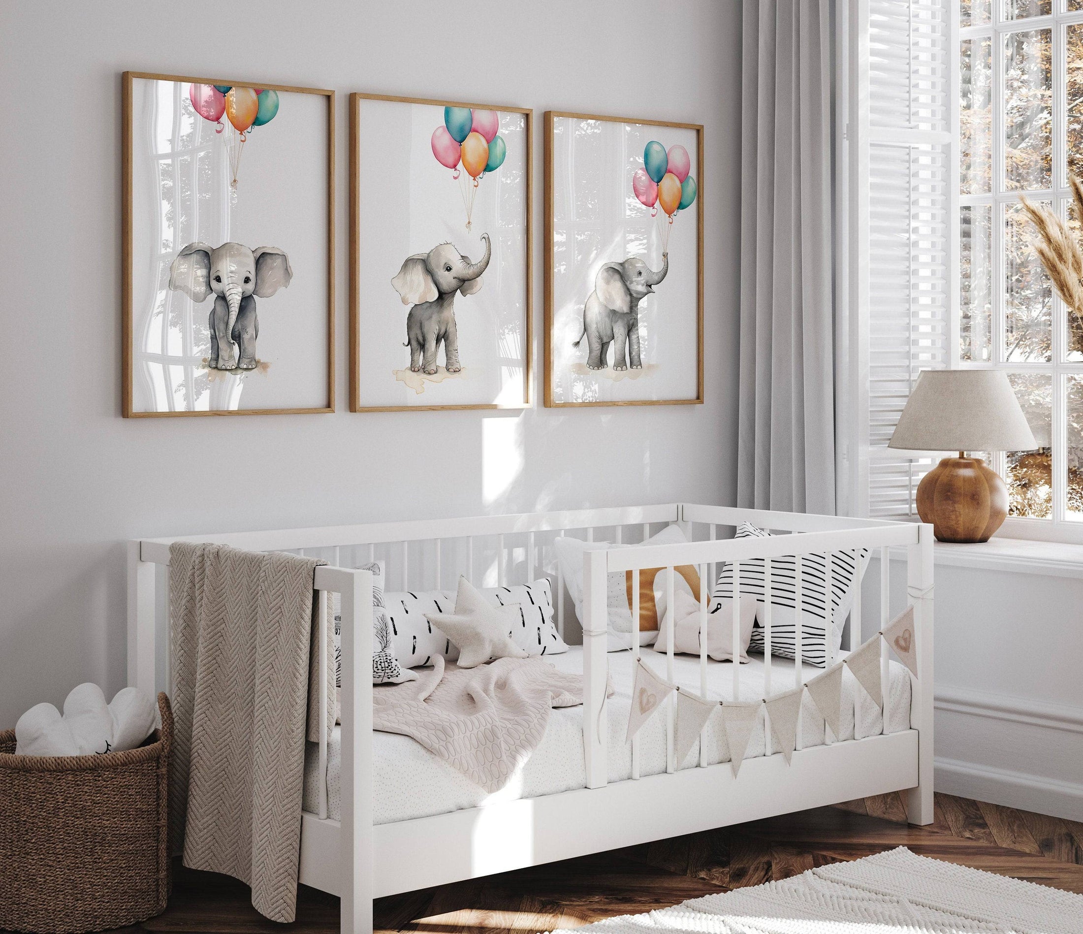 Elephant Nursery Prints | Set of 3 | Neutral Balloon Wall Art for Baby's Bedroom - RoseRowanDesign