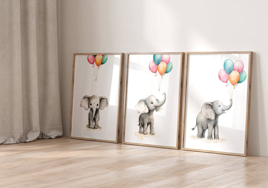 Elephant Nursery Prints | Set of 3 | Neutral Balloon Wall Art for Baby's Bedroom - RoseRowanDesign