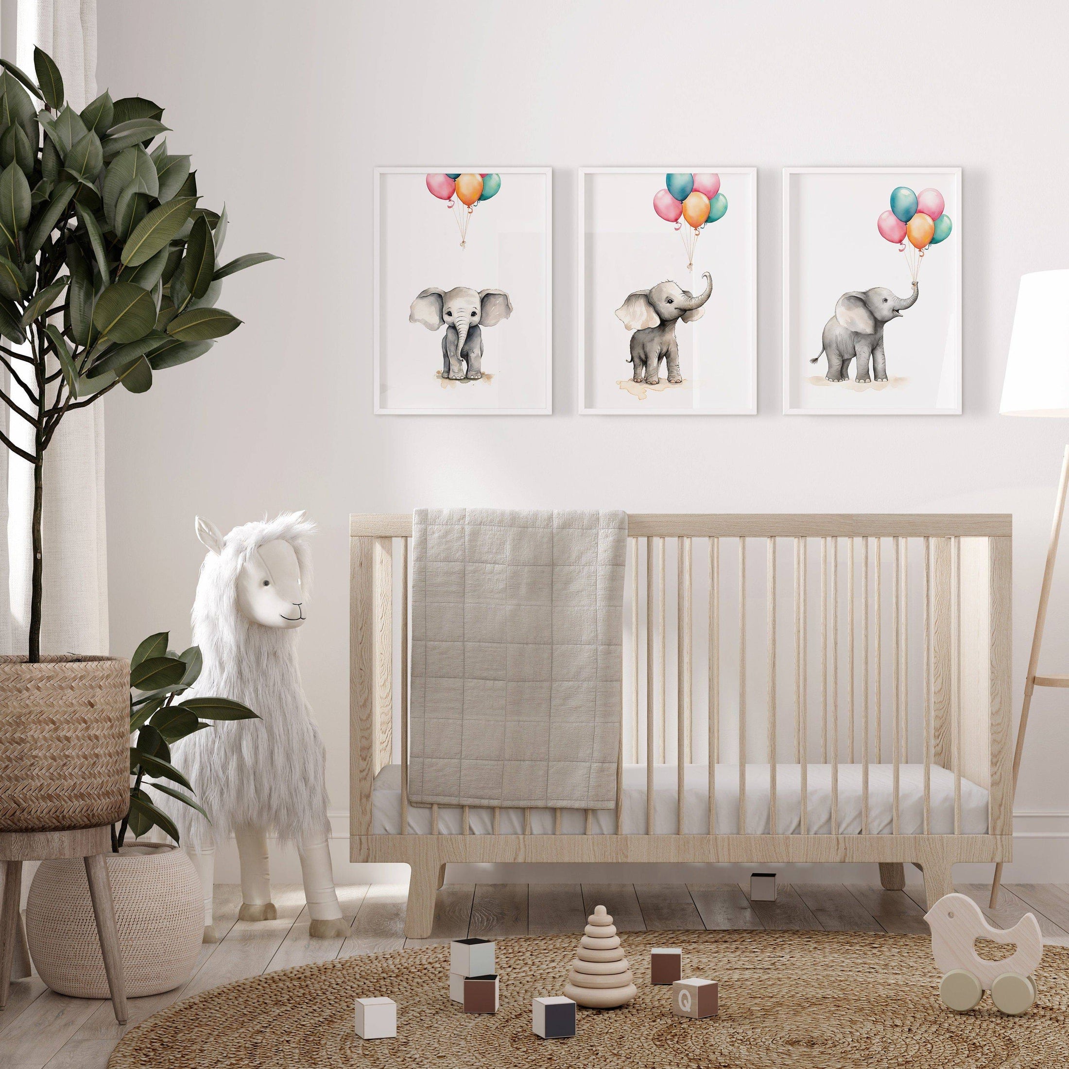 Elephant Nursery Prints | Set of 3 | Neutral Balloon Wall Art for Baby's Bedroom - RoseRowanDesign