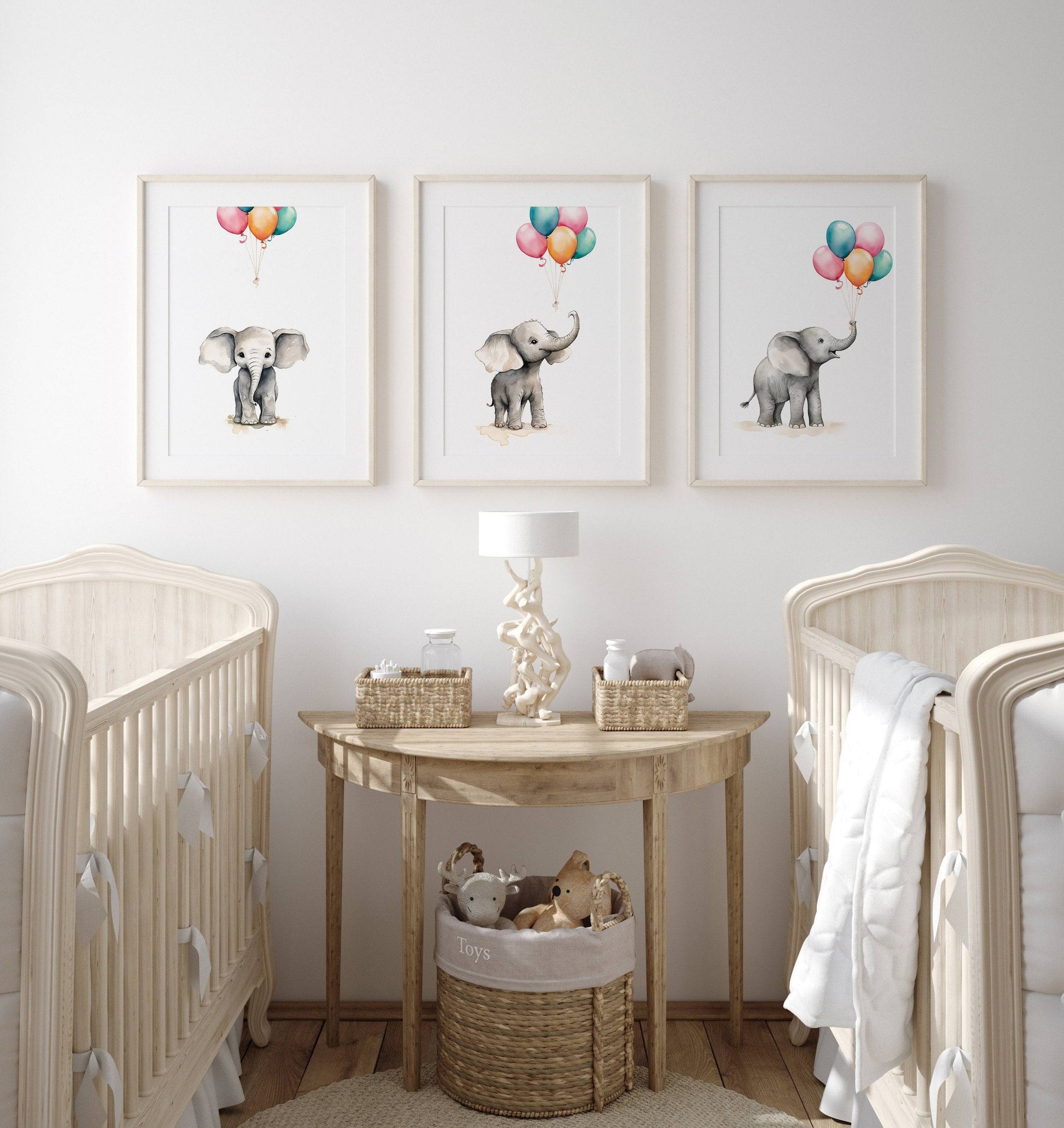 Elephant Nursery Prints | Set of 3 | Neutral Balloon Wall Art for Baby's Bedroom - RoseRowanDesign