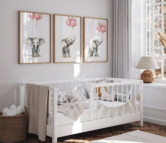 Elephant Nursery Prints | Set of 3 | Pink Balloon Wall Art for Baby Girl's Bedroom - RoseRowanDesign
