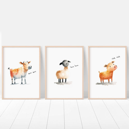 Farm Animal Nursery Prints | Set of 3 | Farmhouse Wall Art for Baby Boys' Bedroom & Playroom Decor - RoseRowanDesign