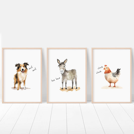 Farm Animal Nursery Prints | Set of 3 | Farmhouse Wall Art for Baby Boys' Bedroom & Playroom Decor - RoseRowanDesign