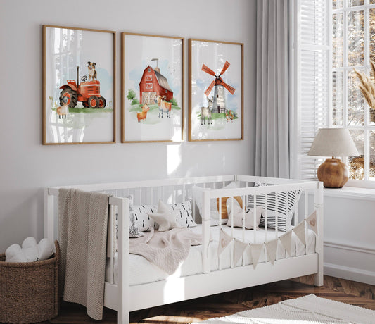 Farm Animal Nursery Prints | Set of 3 | Tractor & Animal Wall Art for Baby Boys' Bedroom & Playroom - RoseRowanDesign