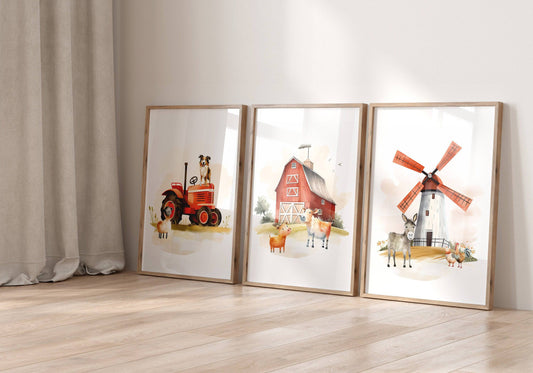 Farm Nursery Prints | Set of 3 | Tractor & Red Barn Wall Art for Baby Boys' Room - RoseRowanDesign
