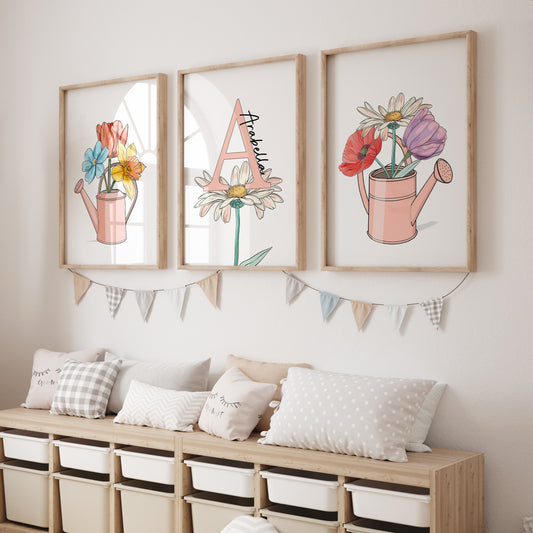 Flower Nursery Prints | Set of 3 | Personalised Wall Art for Girls' Room - RoseRowanDesign
