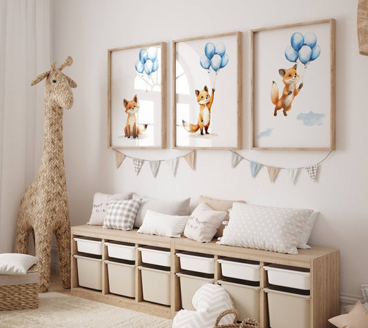 Fox & Balloons Nursery Prints | Set of 3 | Cute Animal Wall Art for Baby Boy's Room - RoseRowanDesign