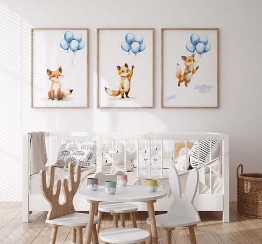 Fox & Balloons Nursery Prints | Set of 3 | Cute Animal Wall Art for Baby Boy's Room - RoseRowanDesign