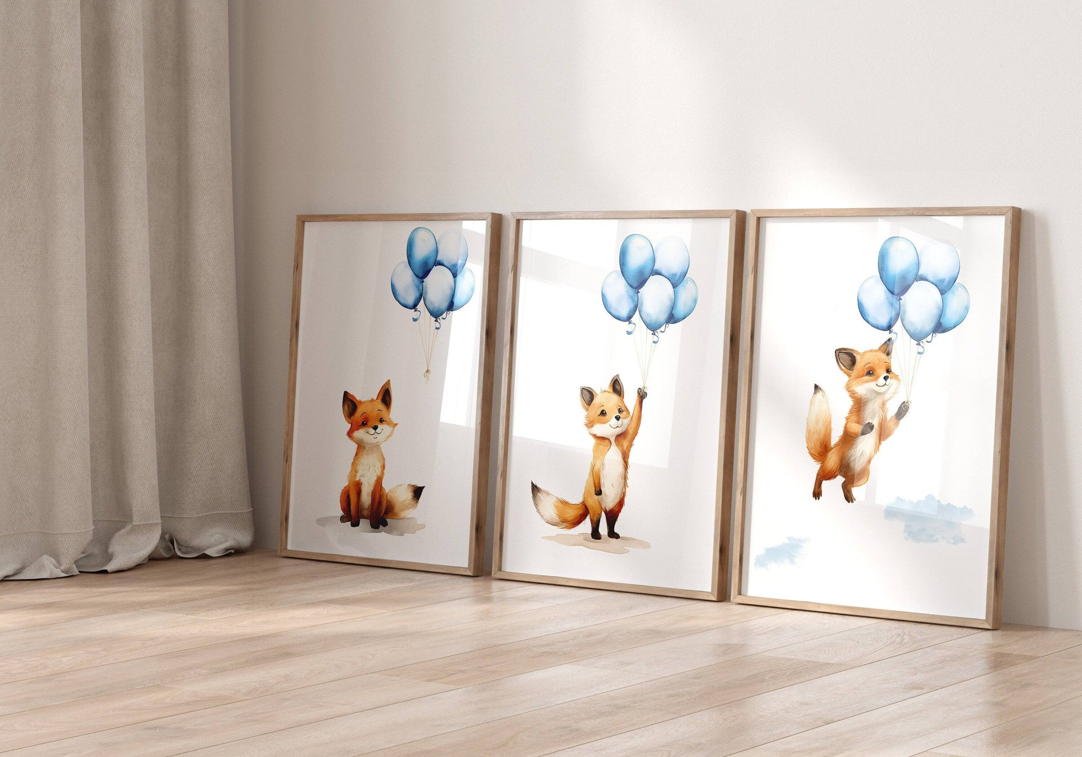 Fox & Balloons Nursery Prints | Set of 3 | Cute Animal Wall Art for Baby Boy's Room - RoseRowanDesign