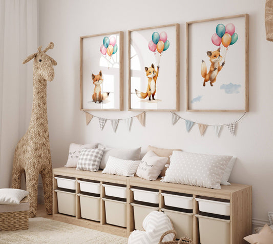 Fox & Balloons Nursery Prints | Set of 3 | Gender Neutral Wall Art for Baby's Bedroom - RoseRowanDesign