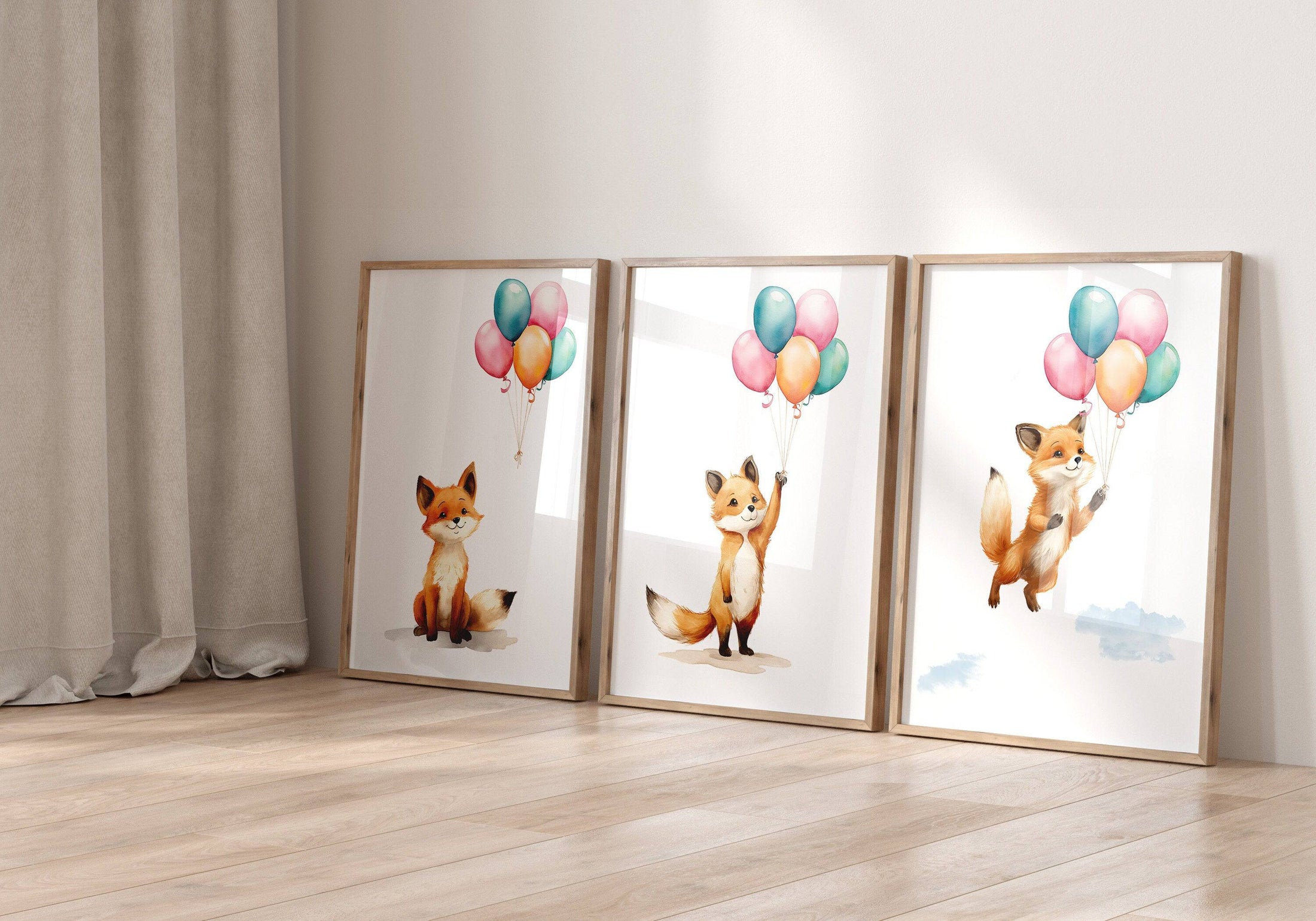 Fox & Balloons Nursery Prints | Set of 3 | Gender Neutral Wall Art for Baby's Bedroom - RoseRowanDesign