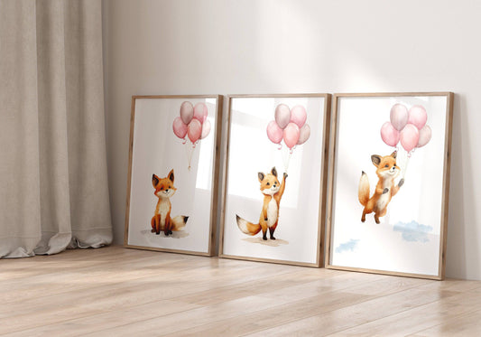Fox & Balloons Nursery Prints | Set of 3 | Neutral Baby Girl Wall Art for Bedroom - RoseRowanDesign