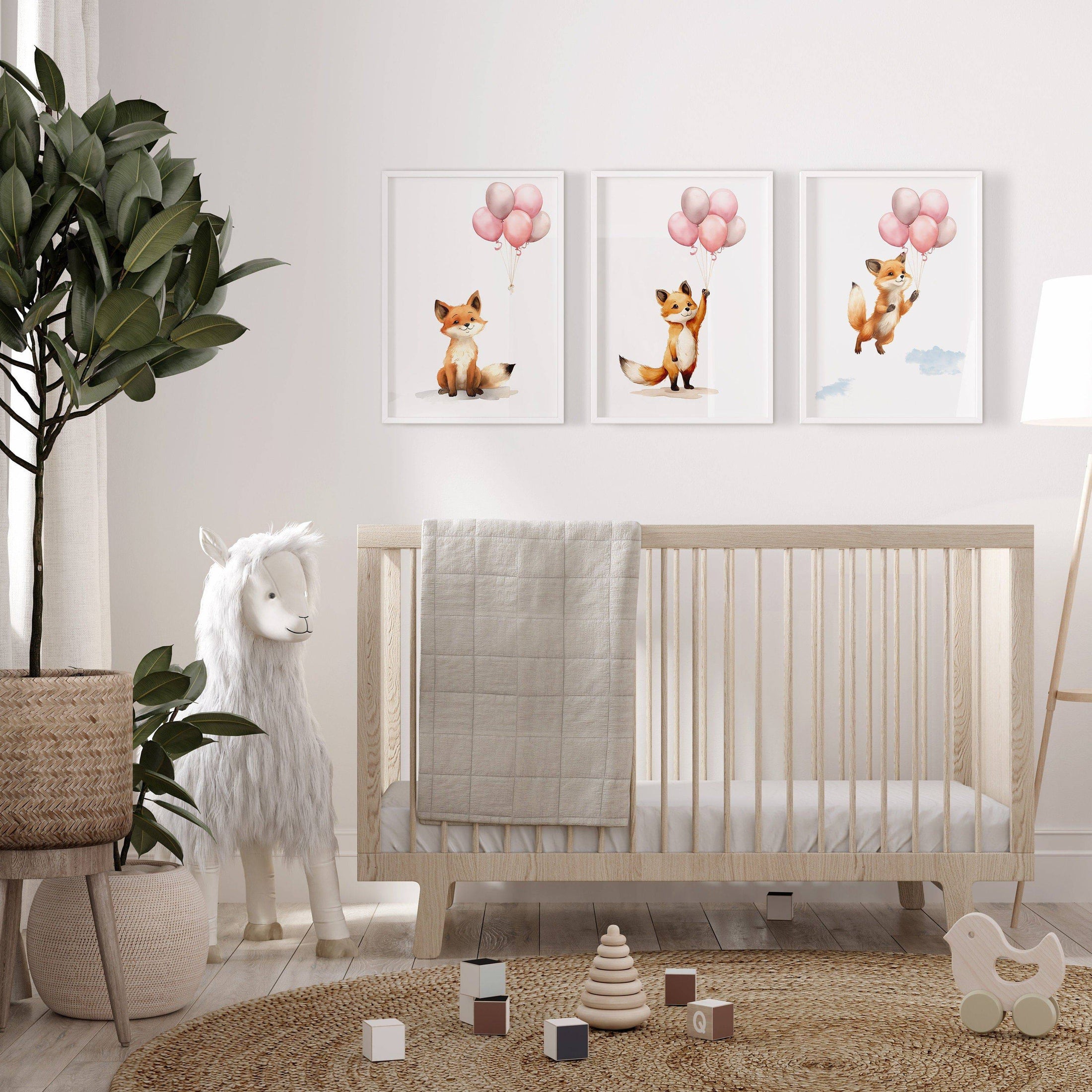 Fox & Balloons Nursery Prints | Set of 3 | Neutral Baby Girl Wall Art for Bedroom - RoseRowanDesign