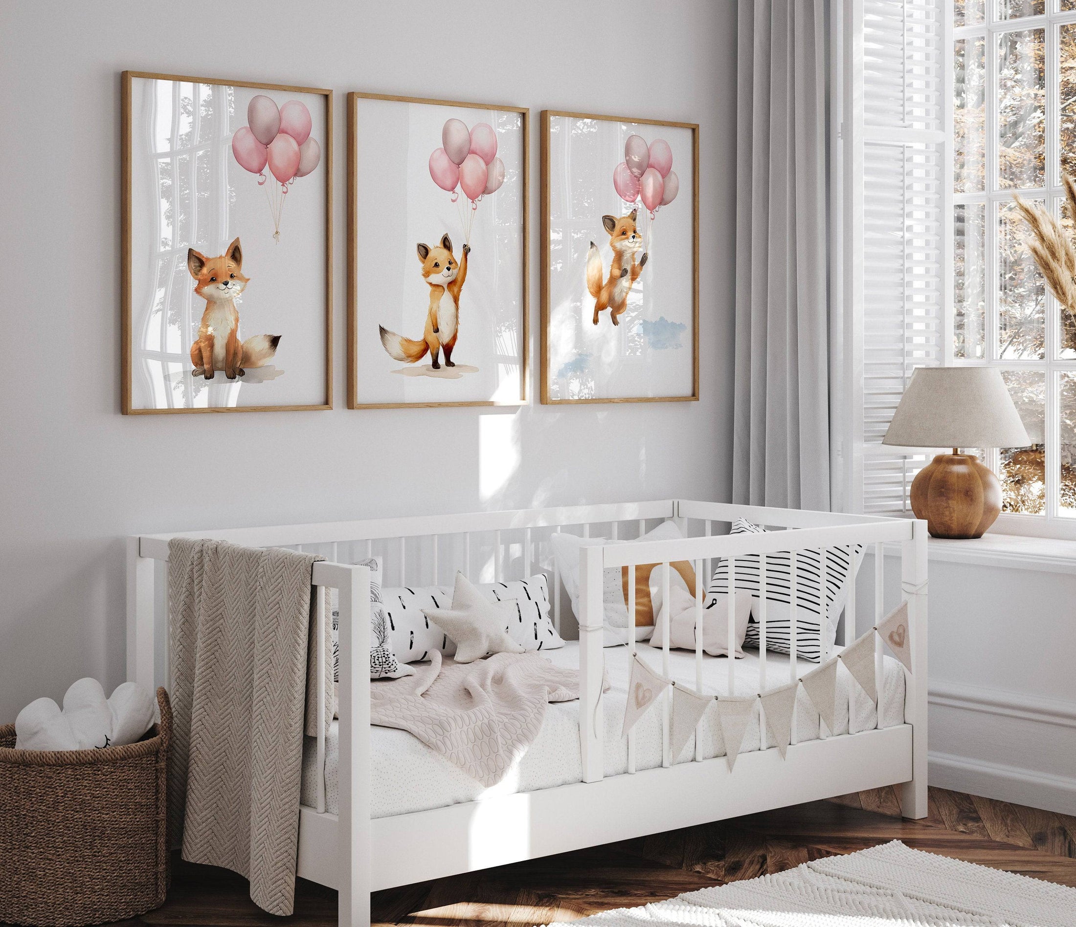 Fox & Balloons Nursery Prints | Set of 3 | Neutral Baby Girl Wall Art for Bedroom - RoseRowanDesign
