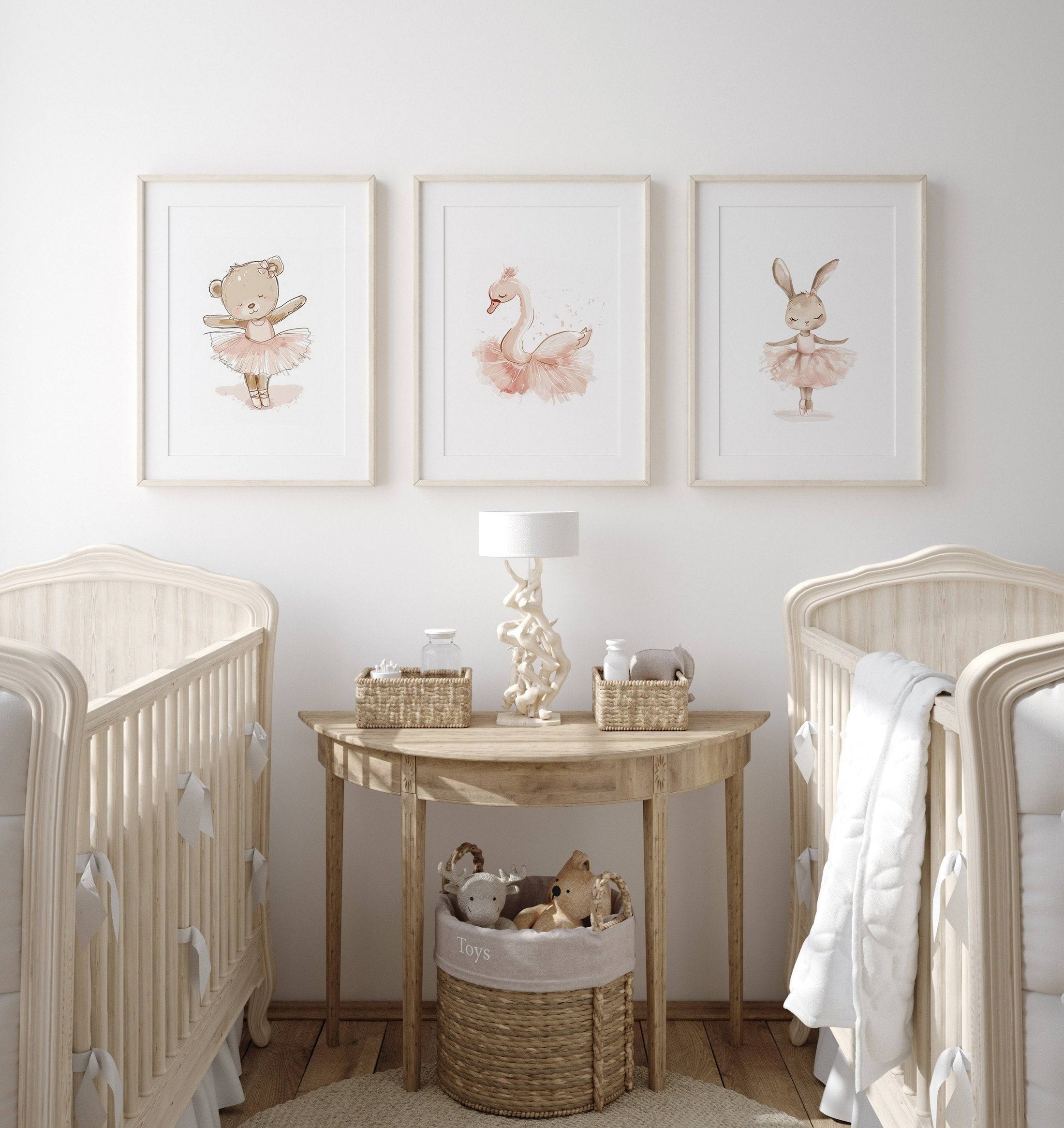 Girls Ballet Nursery Prints | Set of 3 | Bunny, Swan & Teddy in Pink Tutus for Girls' Bedroom - RoseRowanDesign