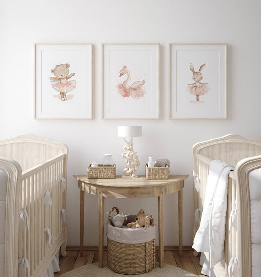 Girls Ballet Nursery Prints | Set of 3 | Bunny, Swan & Teddy in Pink Tutus for Girls' Bedroom - RoseRowanDesign