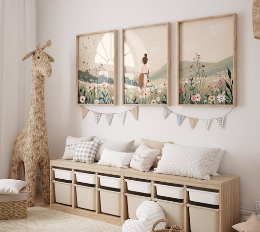 Horse Nursery Prints | Set of 3 | Pony Bedroom Wall Art for Girls, Beige Boho Playroom Decor - RoseRowanDesign