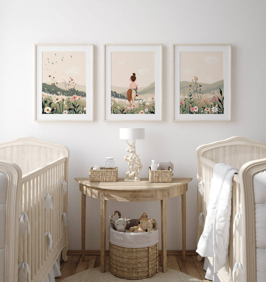 Horse Nursery Prints | Set of 3 | Pony Bedroom Wall Art for Girls, Beige Boho Playroom Decor - RoseRowanDesign