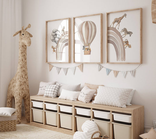 Hot Air Balloon and Rainbow Safari Animals | Beige | Set of 3 Nursery Prints - RoseRowanDesign