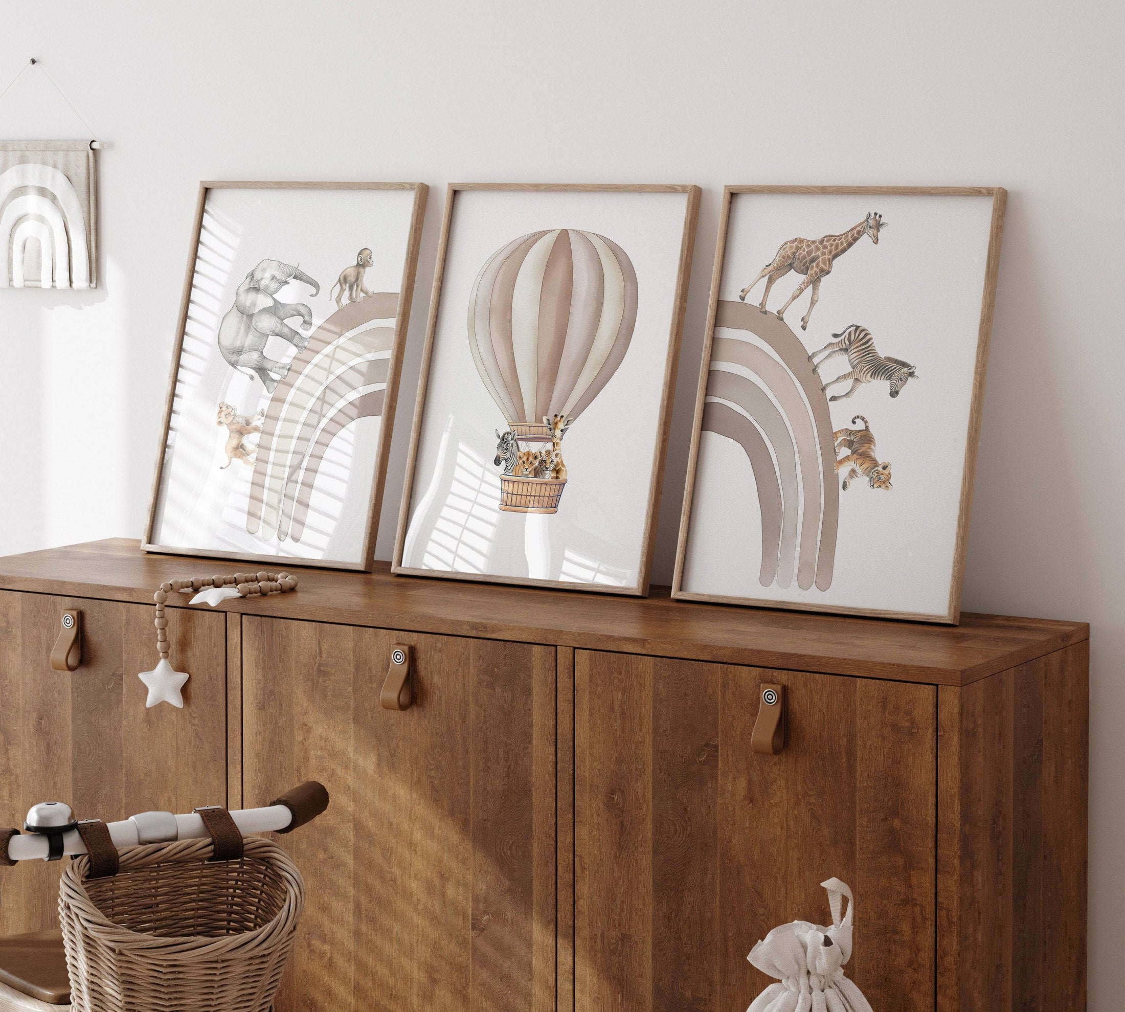 Hot Air Balloon and Rainbow Safari Animals | Beige | Set of 3 Nursery Prints - RoseRowanDesign