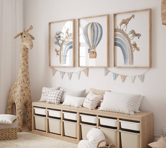Hot Air Balloon and Rainbow Safari Animals | Blue | Set of 3 Nursery Prints - RoseRowanDesign