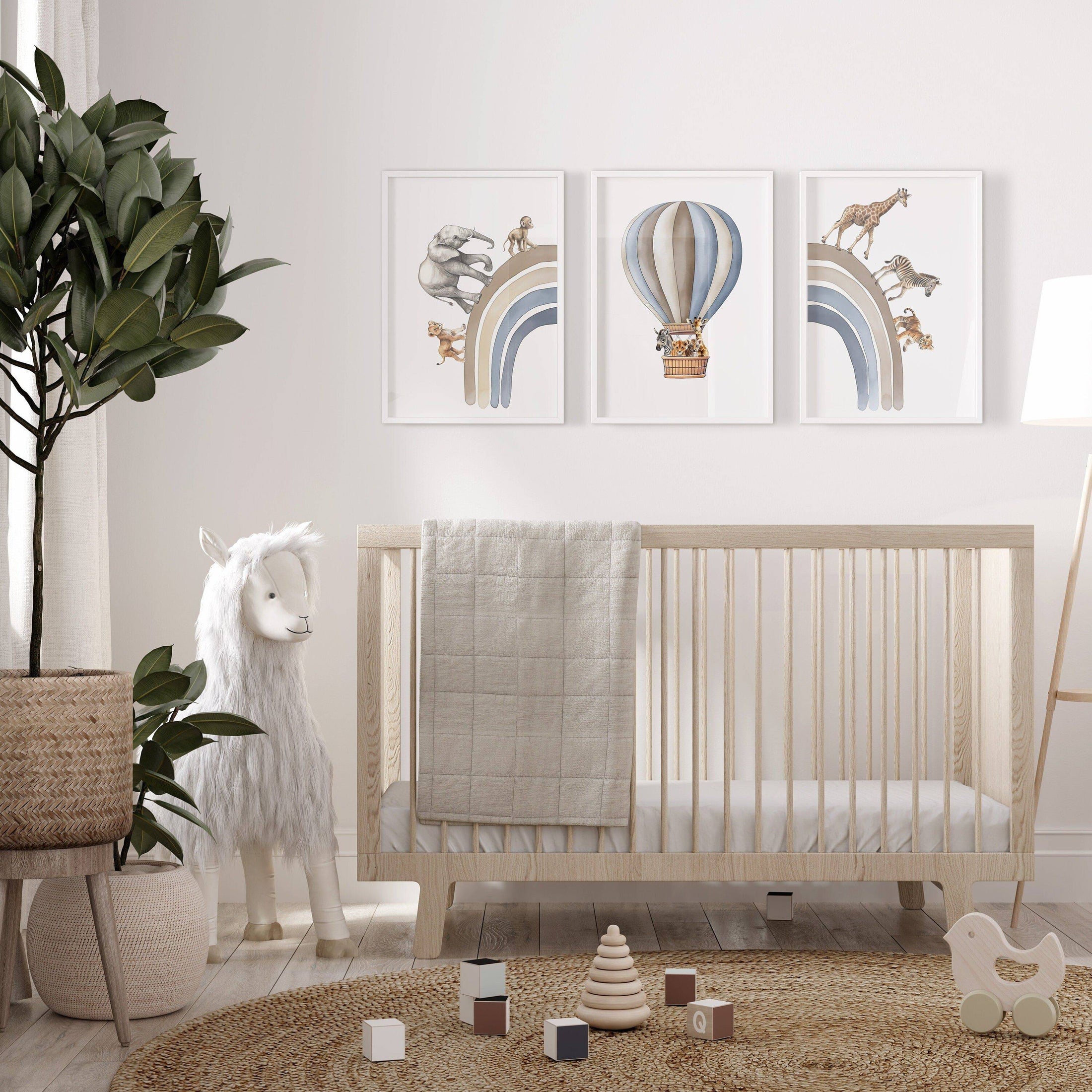 Hot Air Balloon and Rainbow Safari Animals | Blue | Set of 3 Nursery Prints - RoseRowanDesign