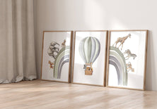 Hot Air Balloon and Rainbow Safari Animals | Green | Set of 3 Nursery Prints - RoseRowanDesign