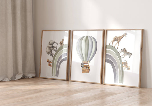 Hot Air Balloon and Rainbow Safari Animals | Green | Set of 3 Nursery Prints - RoseRowanDesign