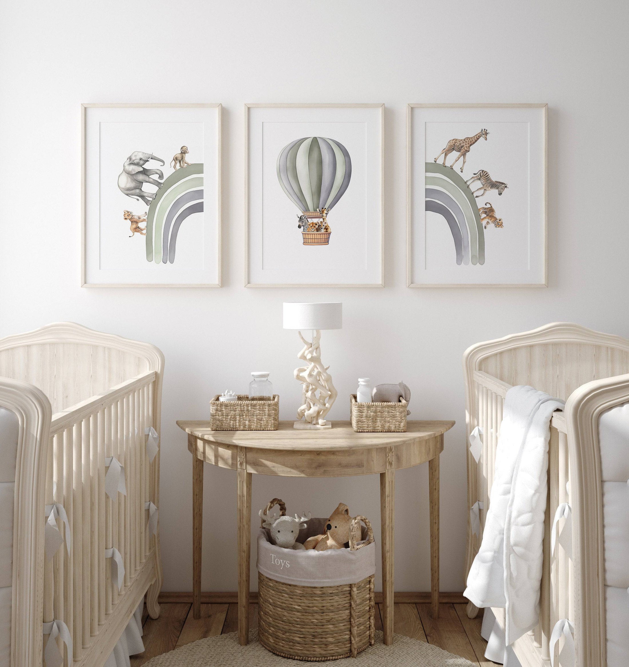Hot Air Balloon and Rainbow Safari Animals | Green | Set of 3 Nursery Prints - RoseRowanDesign