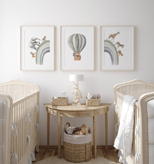 Hot Air Balloon and Rainbow Safari Animals | Green | Set of 3 Nursery Prints - RoseRowanDesign