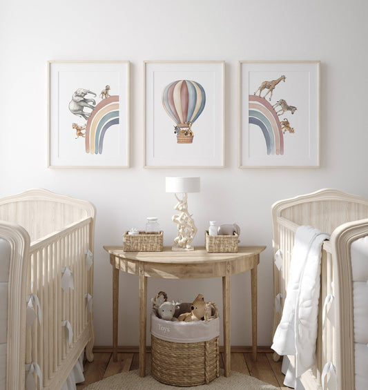 Hot Air Balloon and Rainbow Safari Animals | Neutral | Set of 3 Nursery Prints - RoseRowanDesign