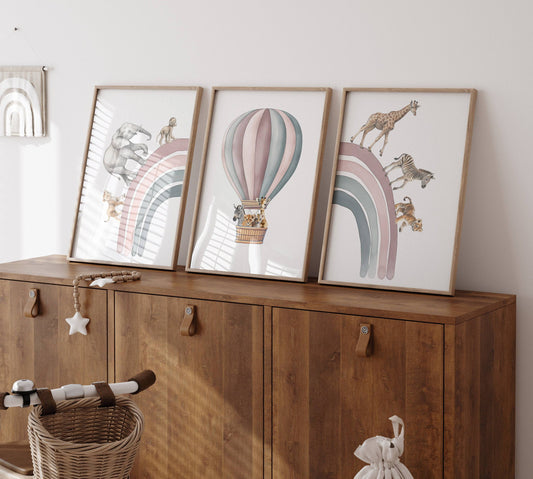 Hot Air Balloon and Rainbow Safari Animals | Pink & Grey | Set of 3 Nursery Prints - RoseRowanDesign