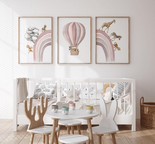 Hot Air Balloon and Rainbow Safari Animals | Pink | Set of 3 Nursery Prints - RoseRowanDesign