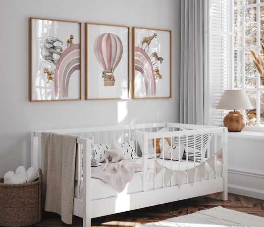 Hot Air Balloon and Rainbow Safari Animals | Pink | Set of 3 Nursery Prints - RoseRowanDesign
