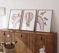 Load image into Gallery viewer, Hot Air Balloon and Rainbow Safari Animals | Pink | Set of 3 Nursery Prints - RoseRowanDesign
