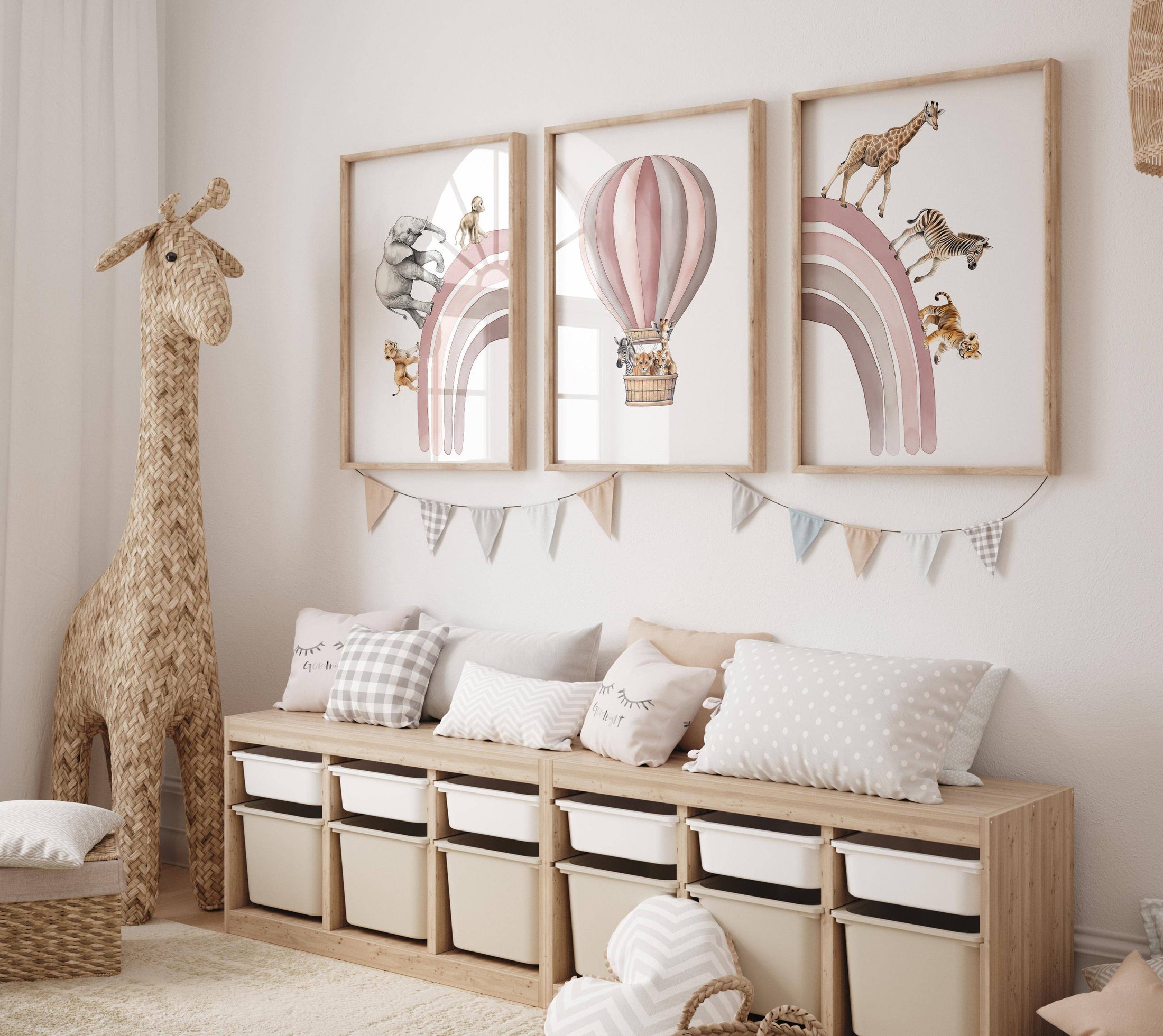 Hot Air Balloon and Rainbow Safari Animals | Pink | Set of 3 Nursery Prints - RoseRowanDesign